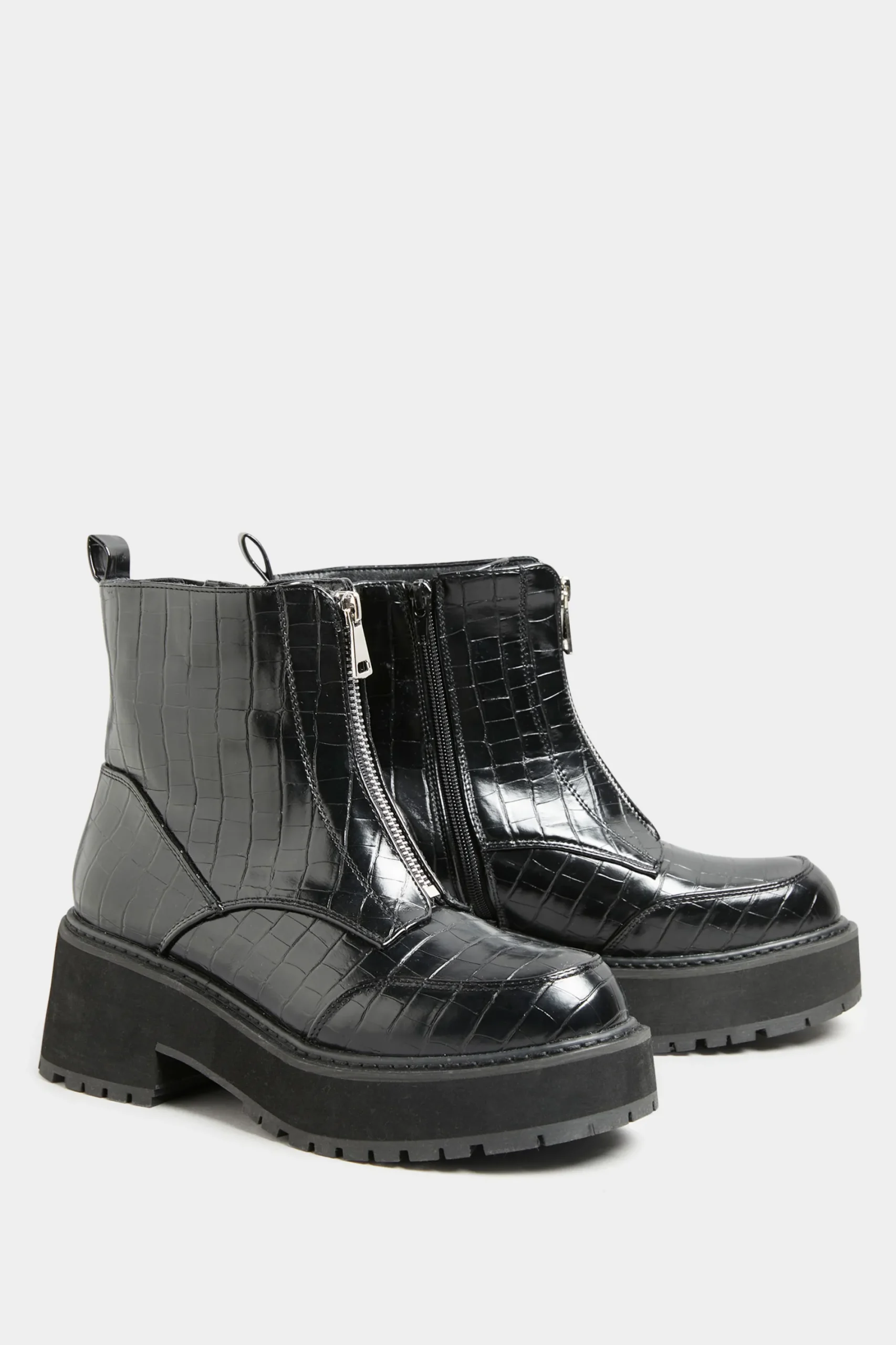 M&Co Limited Collection Black Croc Leather Look Zip Chunky Boots In Wide E Fit>Women Boots