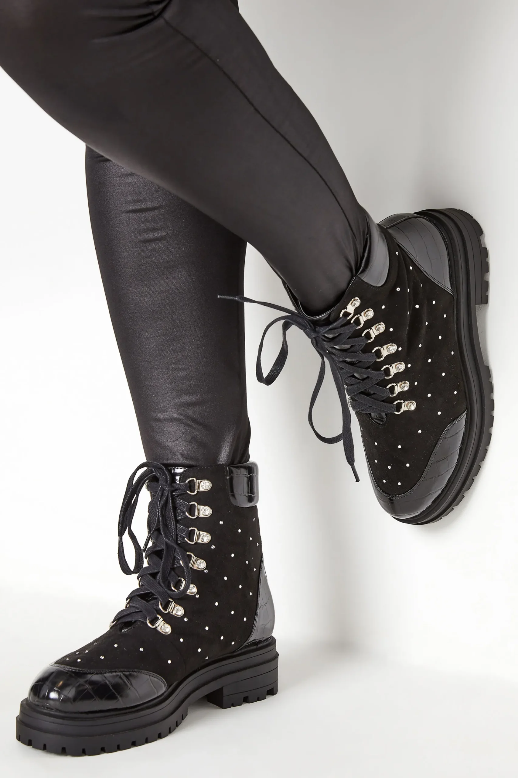 M&Co Limited Collection Limited Collection Black Faux Suede Diamante Stud Lace Up Boots In Extra Wide Eee Fit>Women Boots