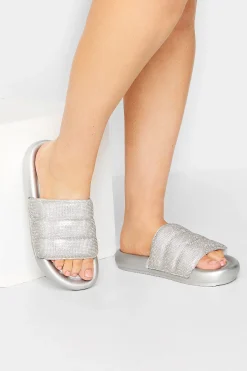 M&Co Limited Collection Limited Collection Silver Diamante Embellished Padded Silders In Wide E Fit>Women Mules & Sliders