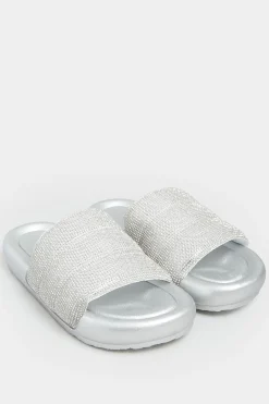 M&Co Limited Collection Limited Collection Silver Diamante Embellished Padded Silders In Wide E Fit>Women Mules & Sliders