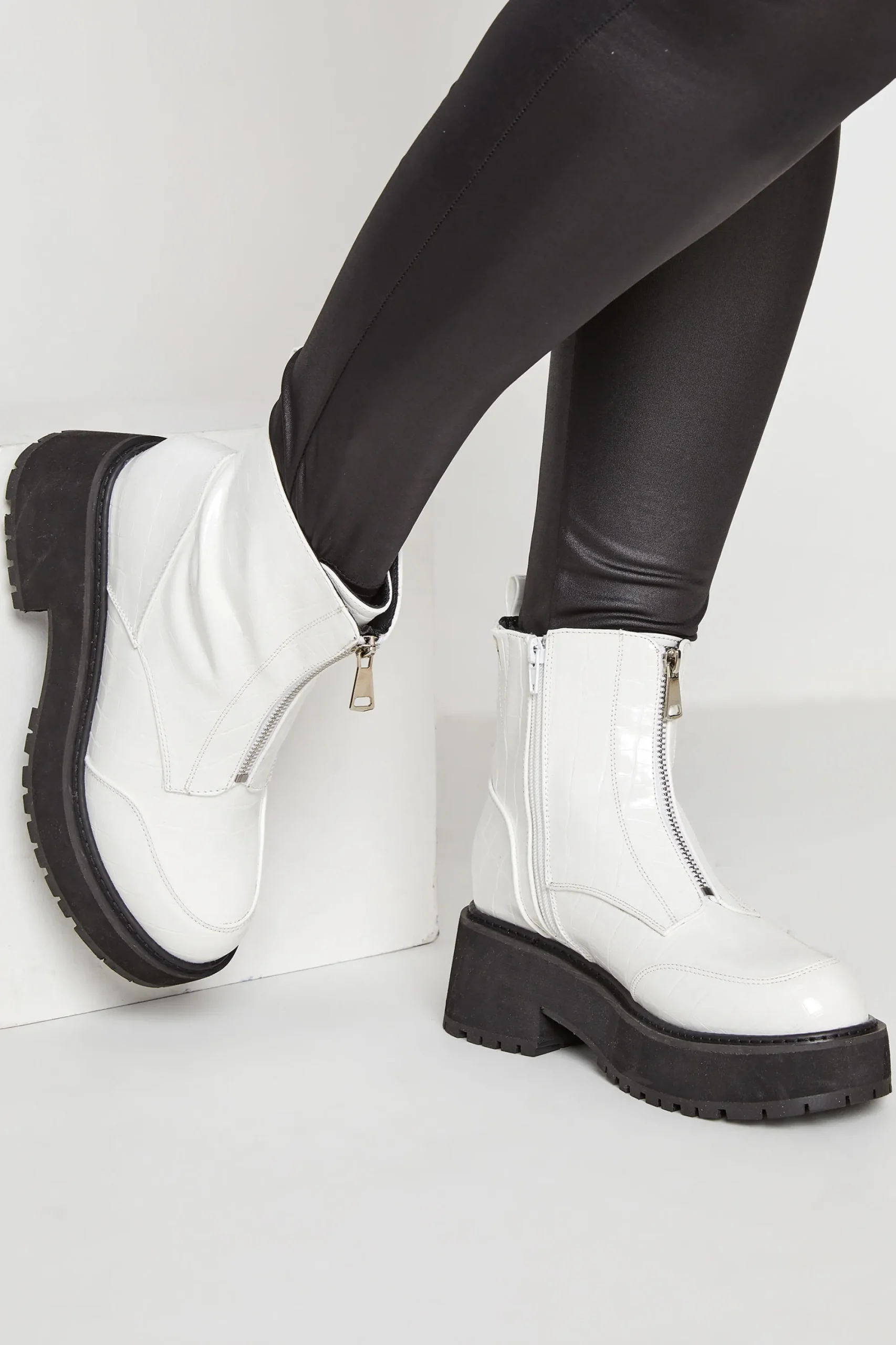 M&Co Limited Collection Limited Collection White Croc Leather Look Zip Chunky Boots In Wide E Fit>Women Boots
