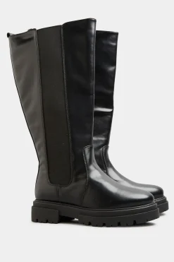 M&Co Limited Collection Limited Collection Black Elasticated Knee High Cleated Boots In Wide E Fit & Extra Wide Eee Fit>Women Boots