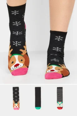 M&Co Lts Lts 3 Pack Black Christmas Dog Novelty Ankle Socks>Women Socks