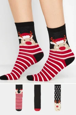 M&Co Lts Lts 3 Pack Black Novelty Reindeer Ankle Socks>Women Socks