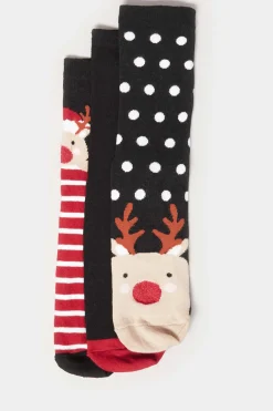 M&Co Lts Lts 3 Pack Black Novelty Reindeer Ankle Socks>Women Socks