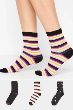 M&Co Lts Lts 3 Pack Black Star & Stripe Print Ankle Socks>Women Socks