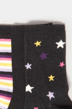 M&Co Lts Lts 3 Pack Black Star & Stripe Print Ankle Socks><noscript><img width=
