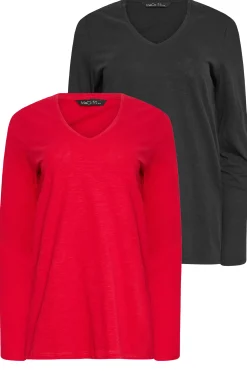 M&Co 2 Pack Black & Red V-Neck T-Shirts>Women T-Shirts