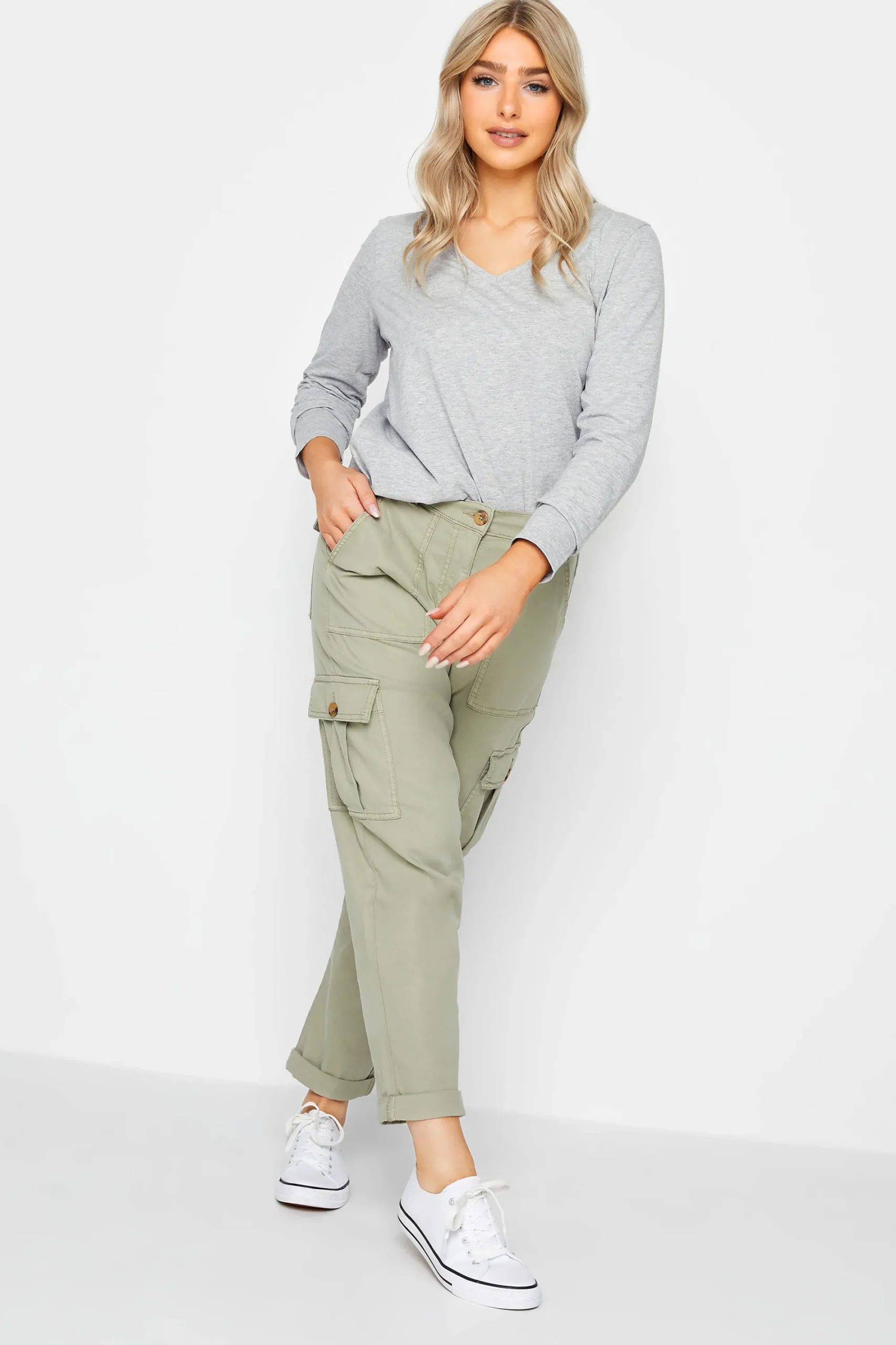 M&Co Grey V-Neck Long Sleeve T-Shirt>Women T-Shirts