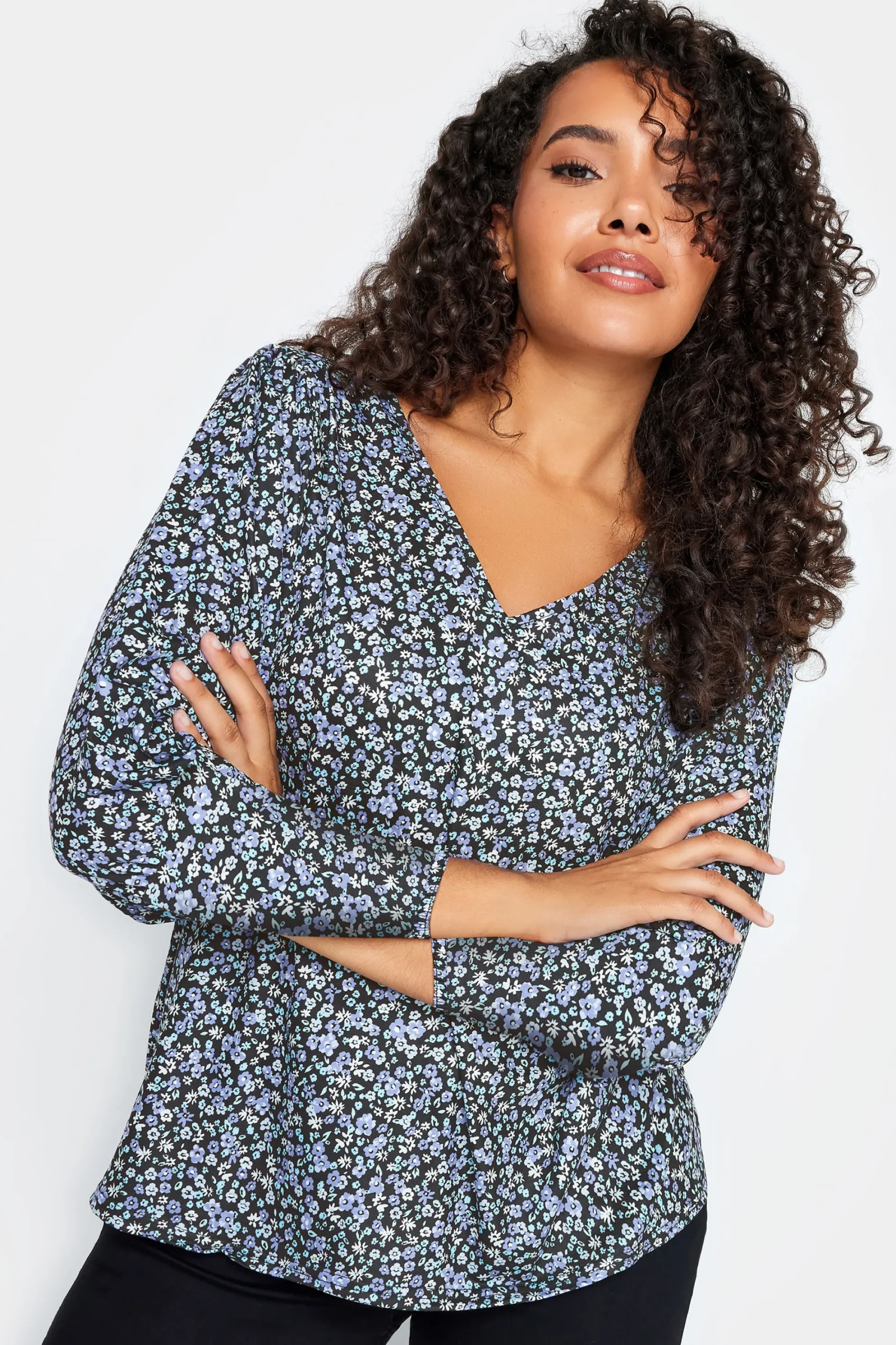 M&Co Petites Petite Blue Ditsy Floral Print Top>Women Long Sleeve Tops