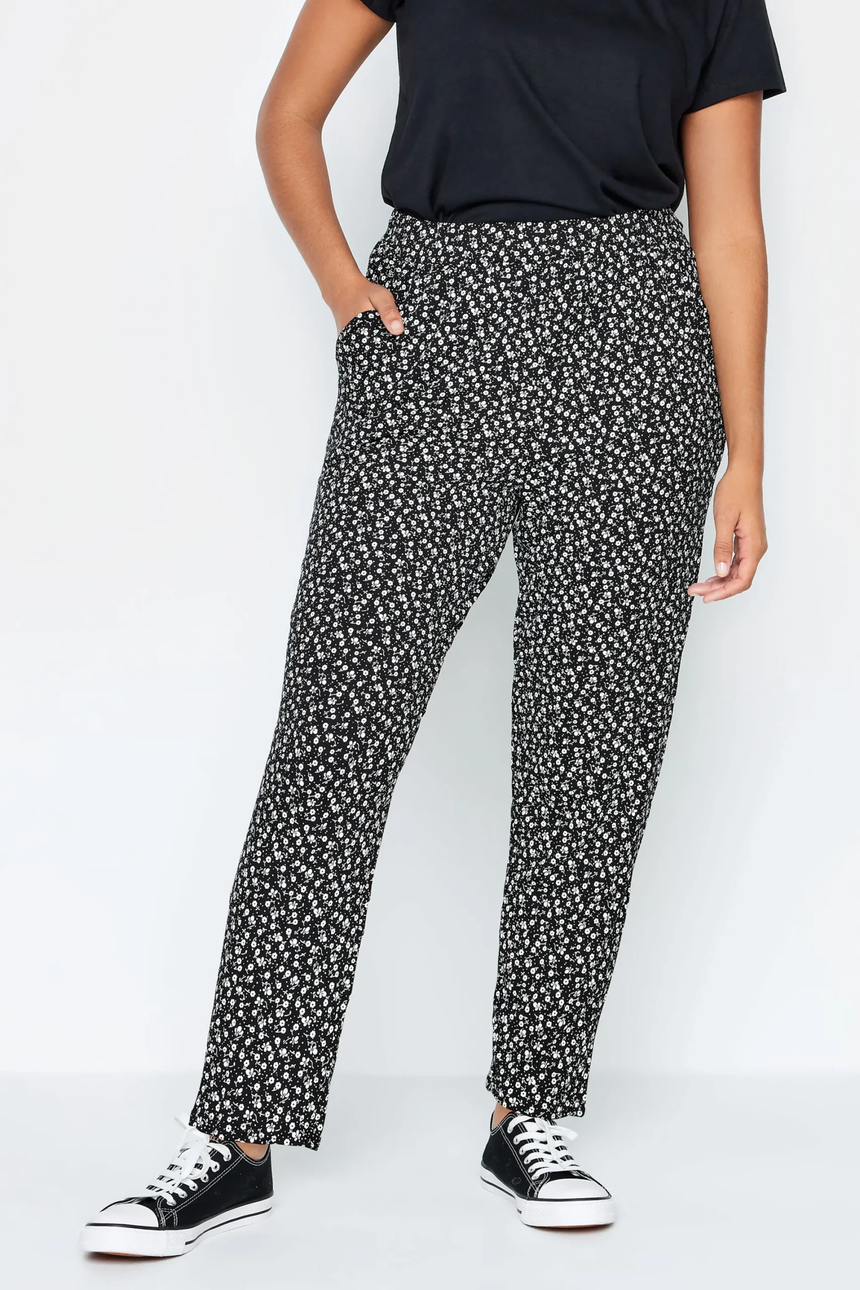 M&Co Petites Petite Black Ditsy Floral Print Harem Trousers>Women Trousers