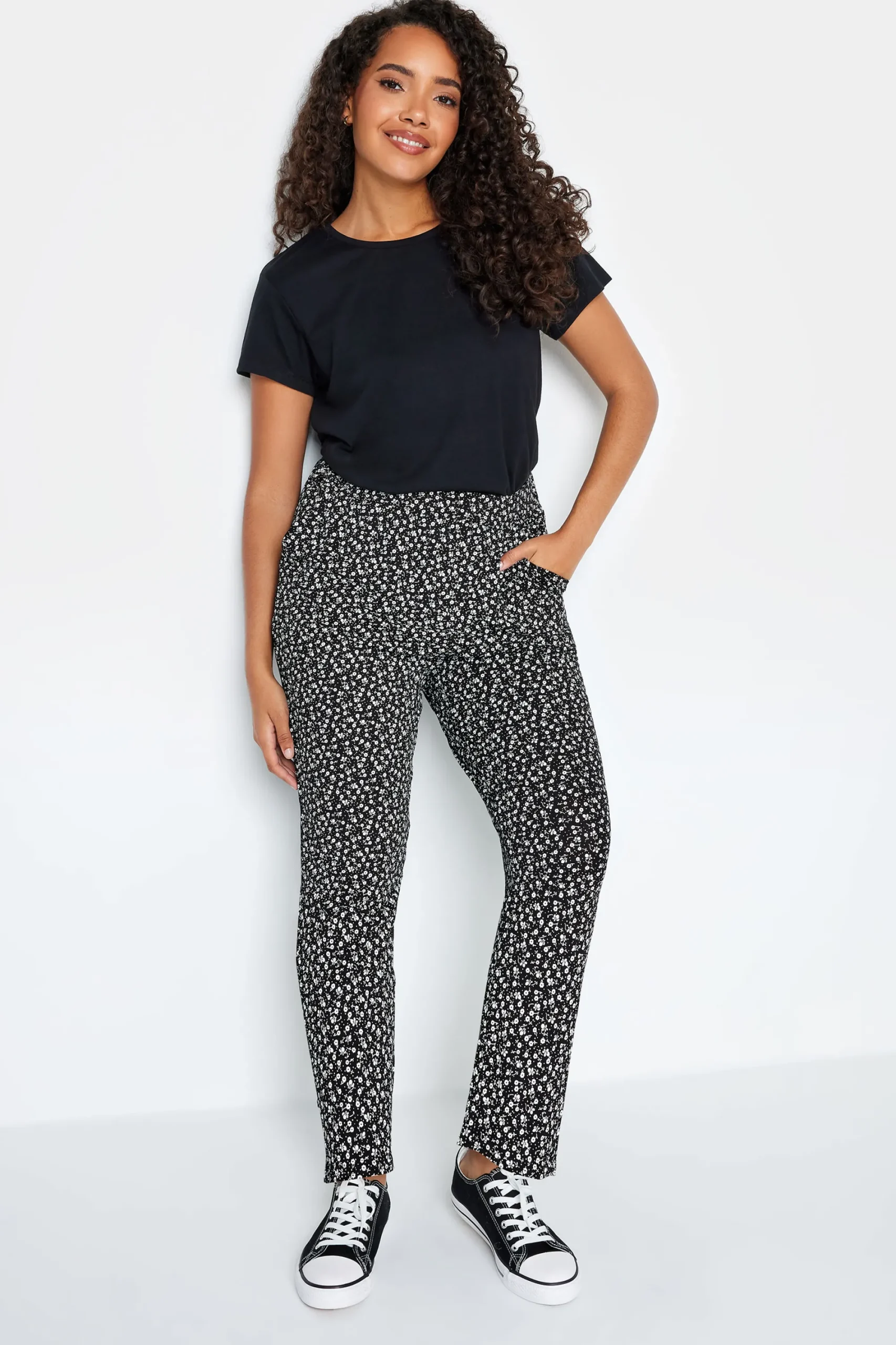 M&Co Petites Petite Black Ditsy Floral Print Harem Trousers>Women Trousers