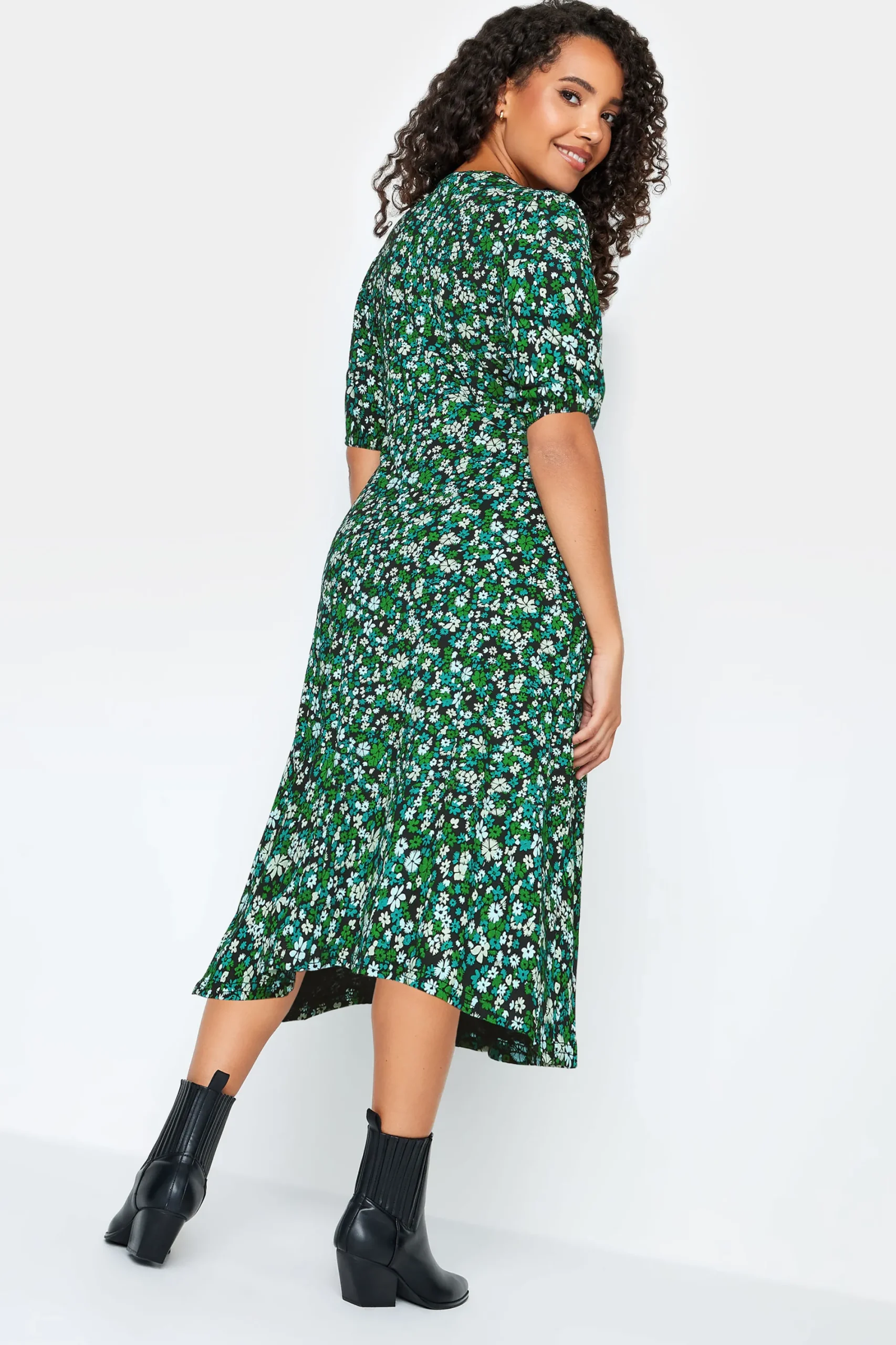 M&Co Petites Petite Green Ditsy Floral Print Midi Dress>Women Midi Dresses