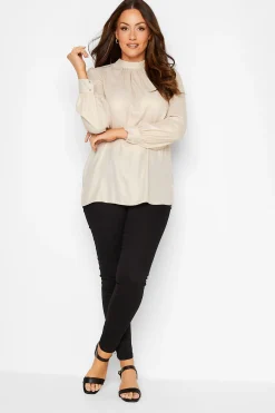 M&Co Womens Beige Brown Keyhole Back High Neck Blouse>Women Long Sleeve Tops