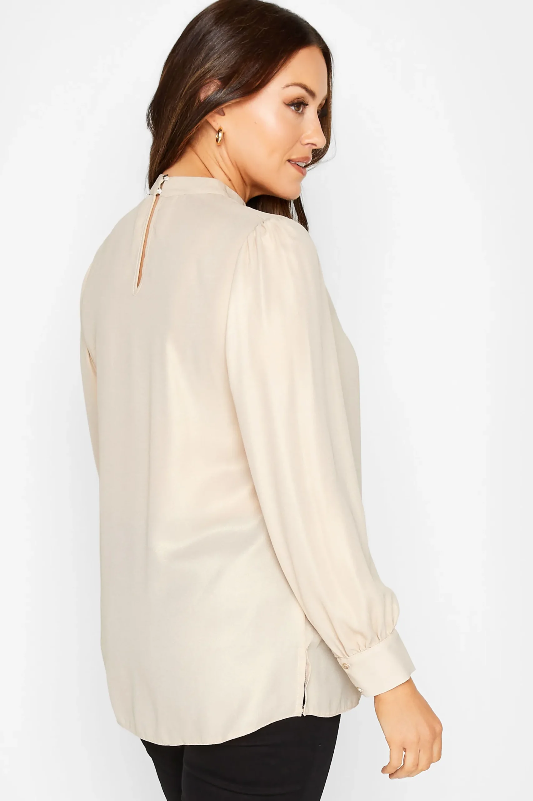 M&Co Womens Beige Brown Keyhole Back High Neck Blouse>Women Long Sleeve Tops