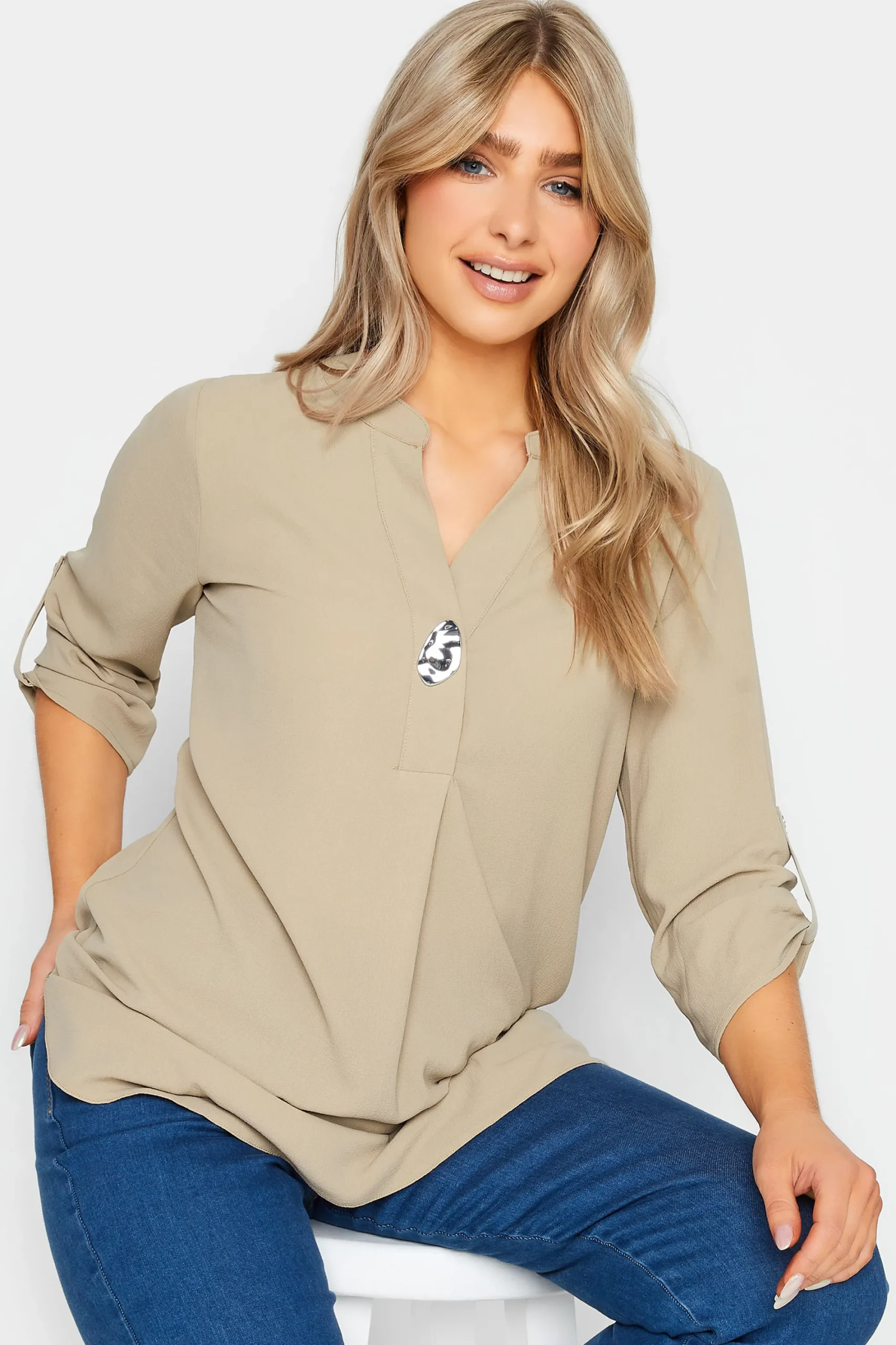 M&Co Womens Beige Brown Long Sleeve Button Blouse>Women Shirts