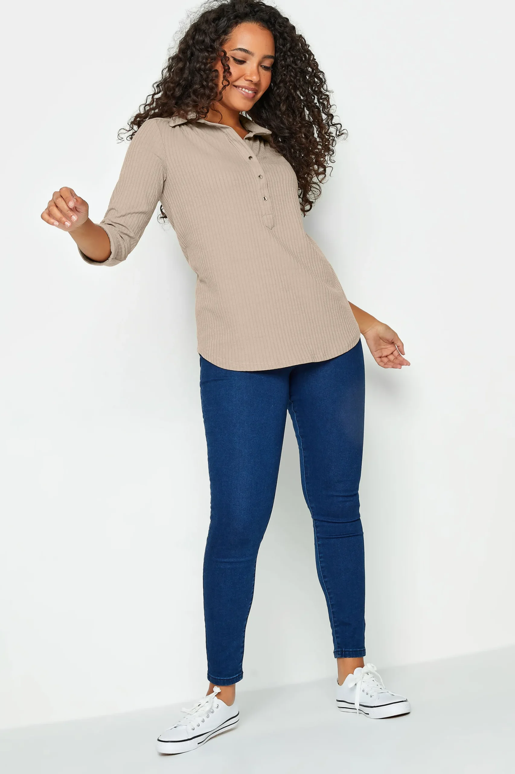 M&Co Womens Beige Brown Ribbed V-Neck Shirt>Women Shirts