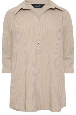 M&Co Womens Beige Brown Ribbed V-Neck Shirt><noscript><img width=