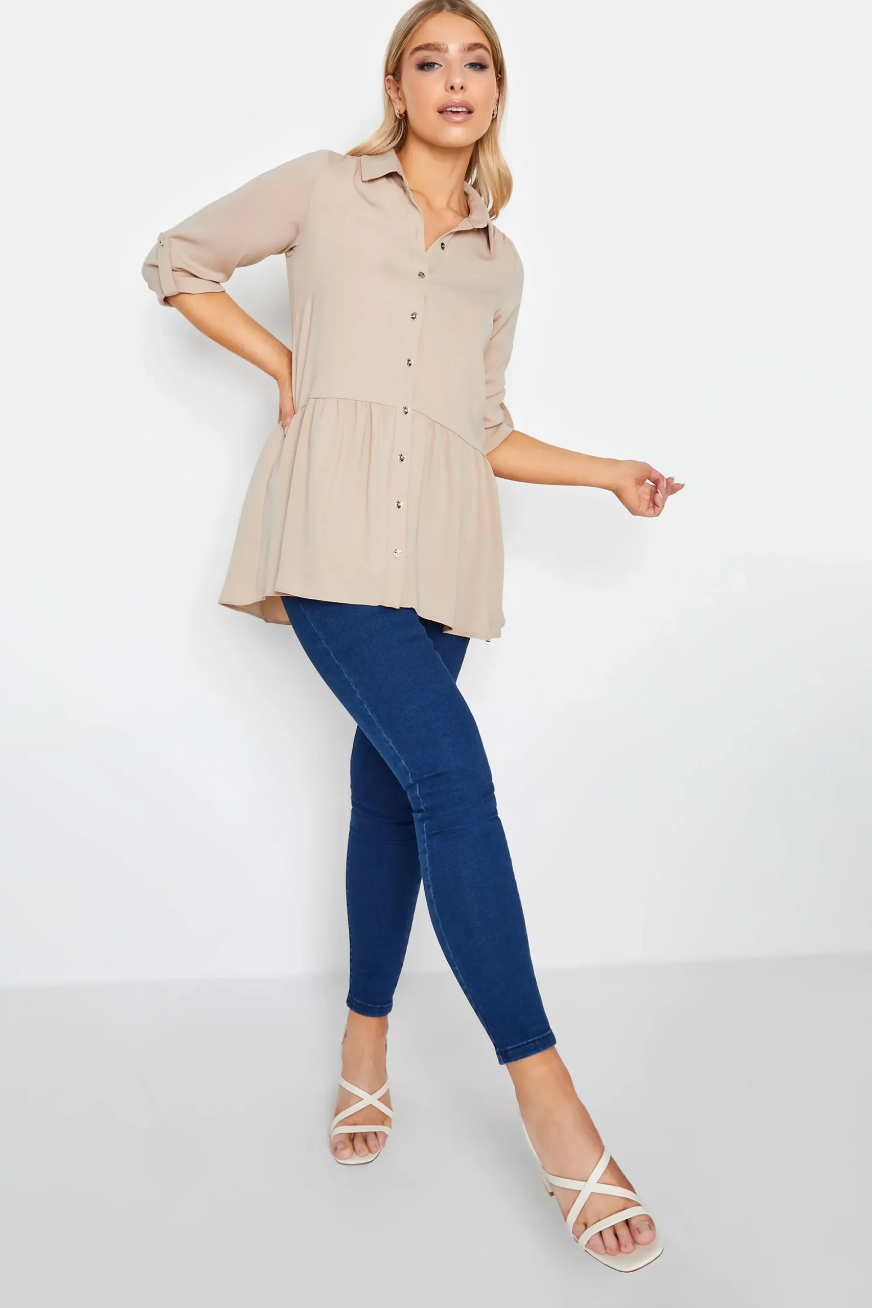 M&Co Womens Beige Brown Frill Hem Shirt>Women Shirts
