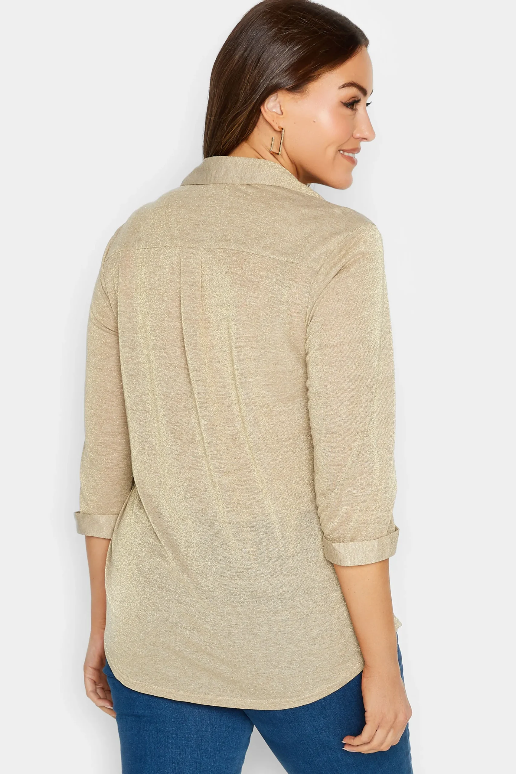 M&Co Womens Beige Brown Glitter Half Placket Shirt>Women Shirts