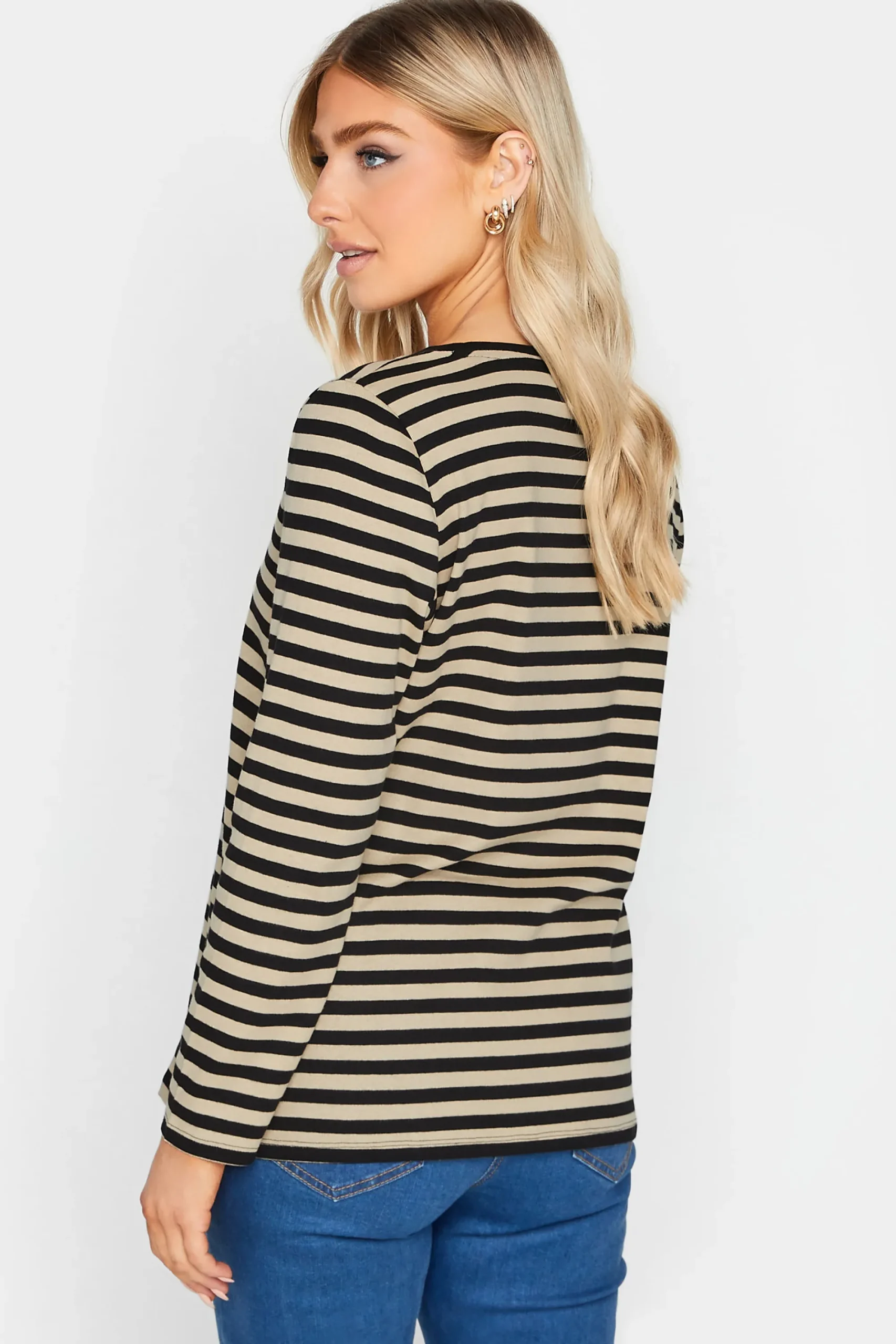 M&Co Womens Beige Brown Stripe V-Neck Cotton Long Sleeve T-Shirt>Women T-Shirts