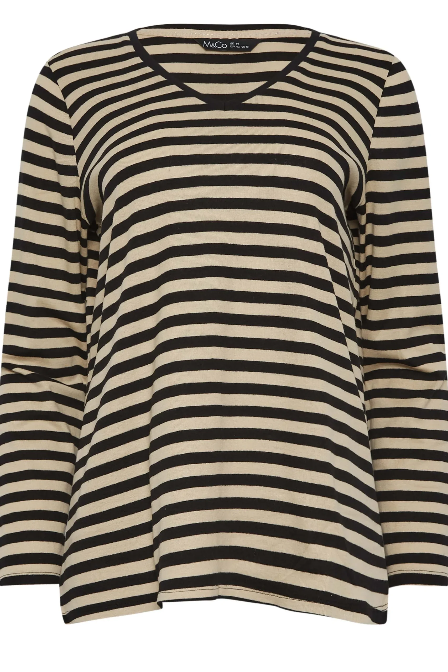 M&Co Womens Beige Brown Stripe V-Neck Cotton Long Sleeve T-Shirt>Women T-Shirts