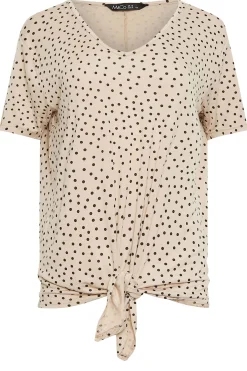 M&Co Womens Beige Brown Spot Print Tie Detail T-Shirt><noscript><img width=