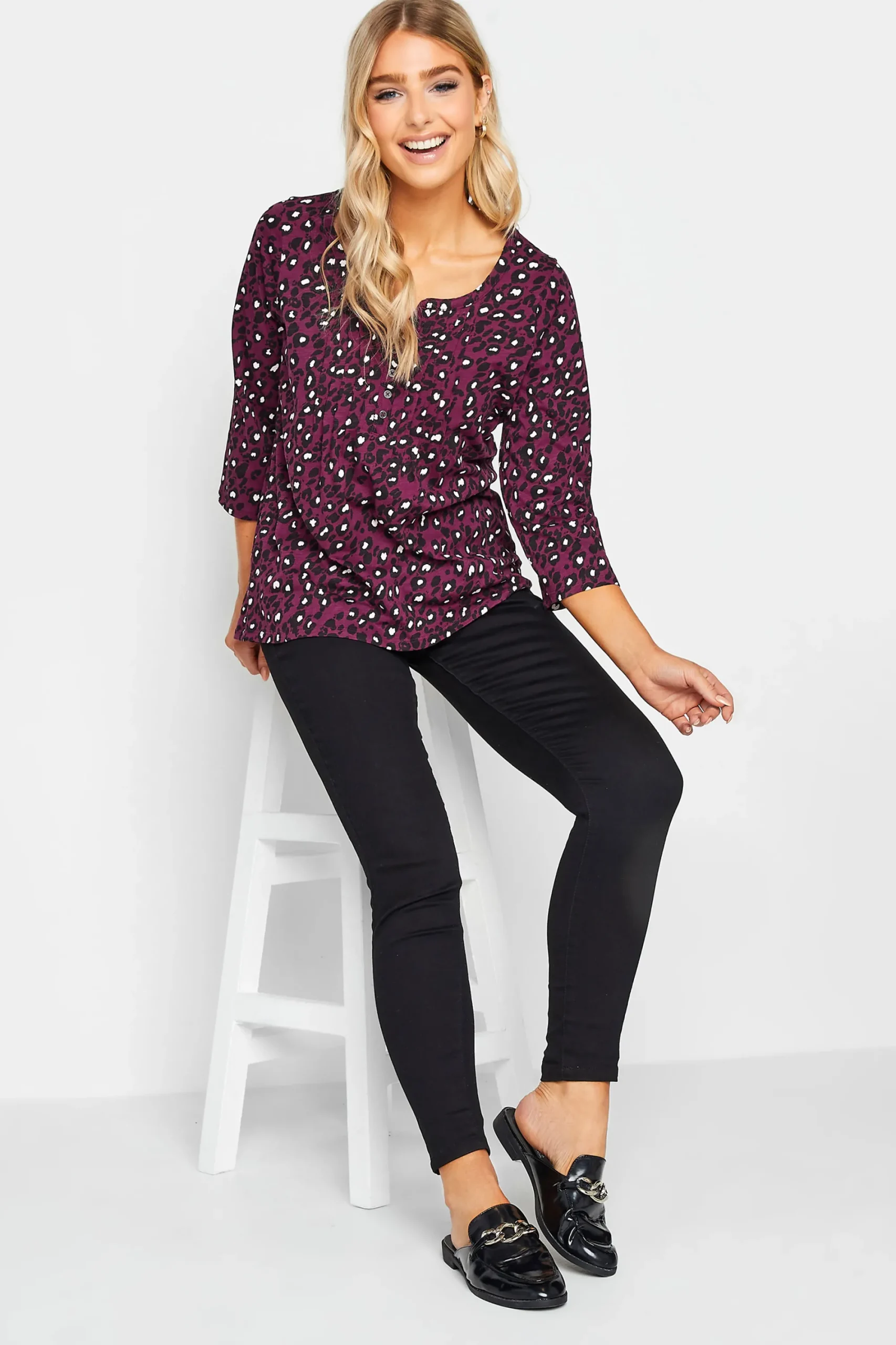 M&Co Womens Berry Red Animal Print Cotton Henley Top>Women Long Sleeve Tops