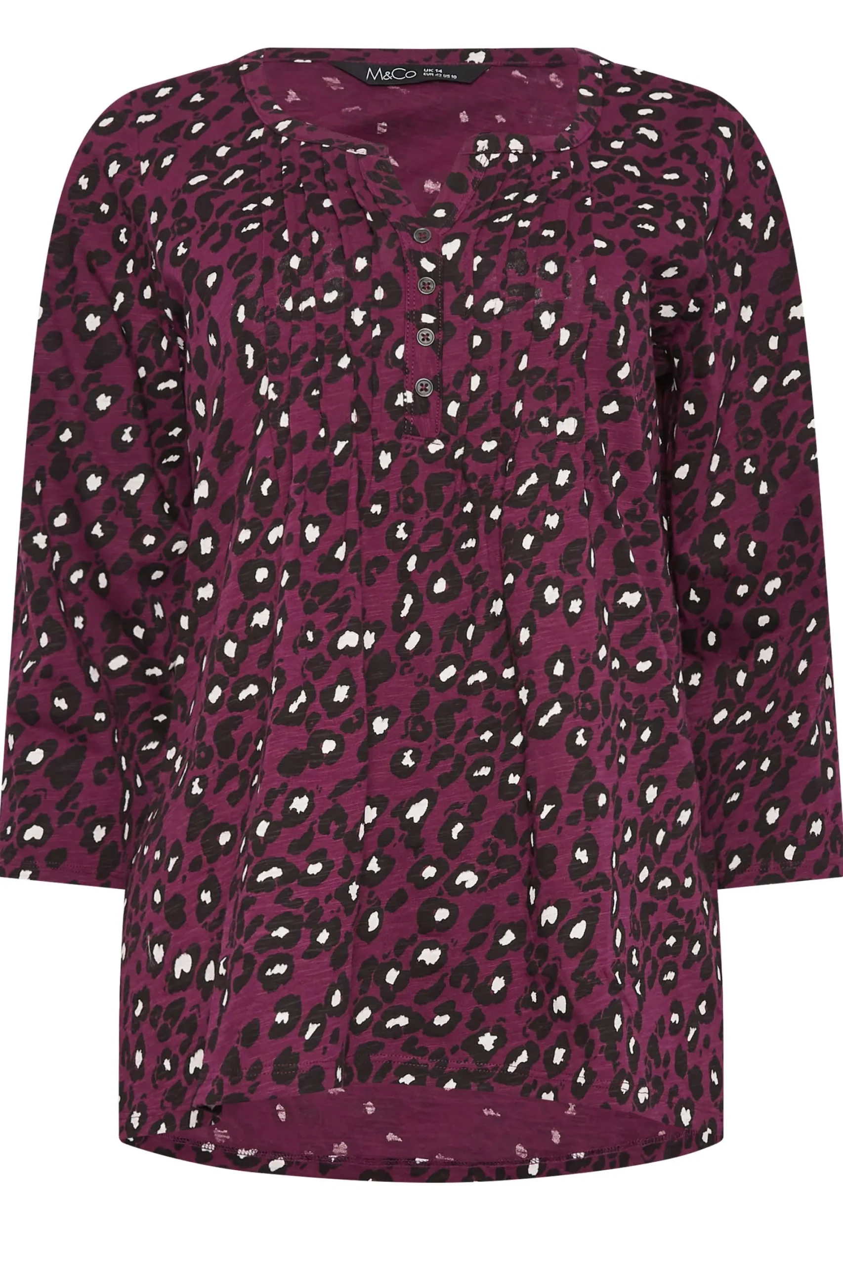 M&Co Womens Berry Red Animal Print Cotton Henley Top>Women Long Sleeve Tops