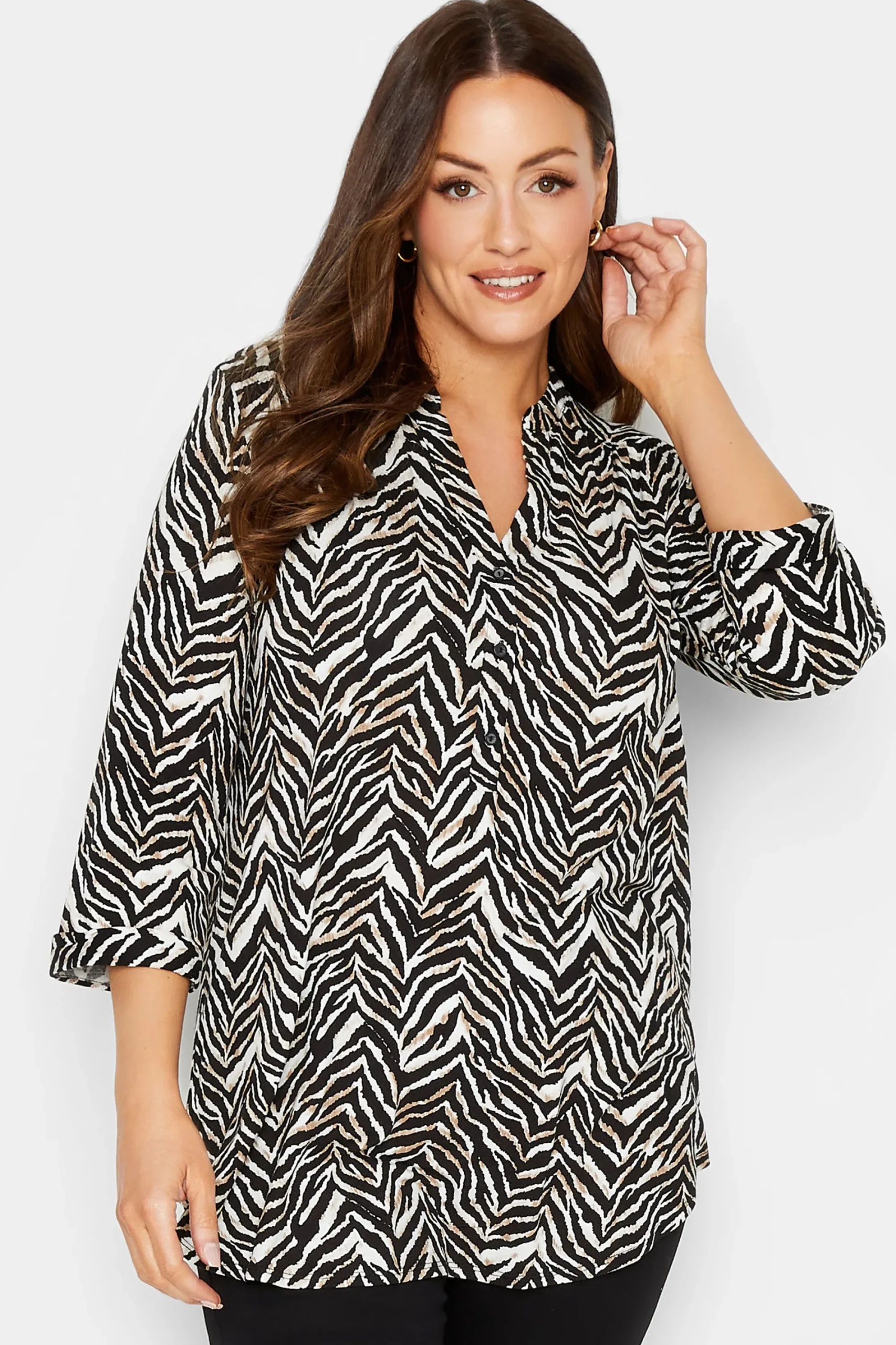 M&Co Womens Black & Brown Animal Print Half Placket Jersey Shirt>Women Shirts