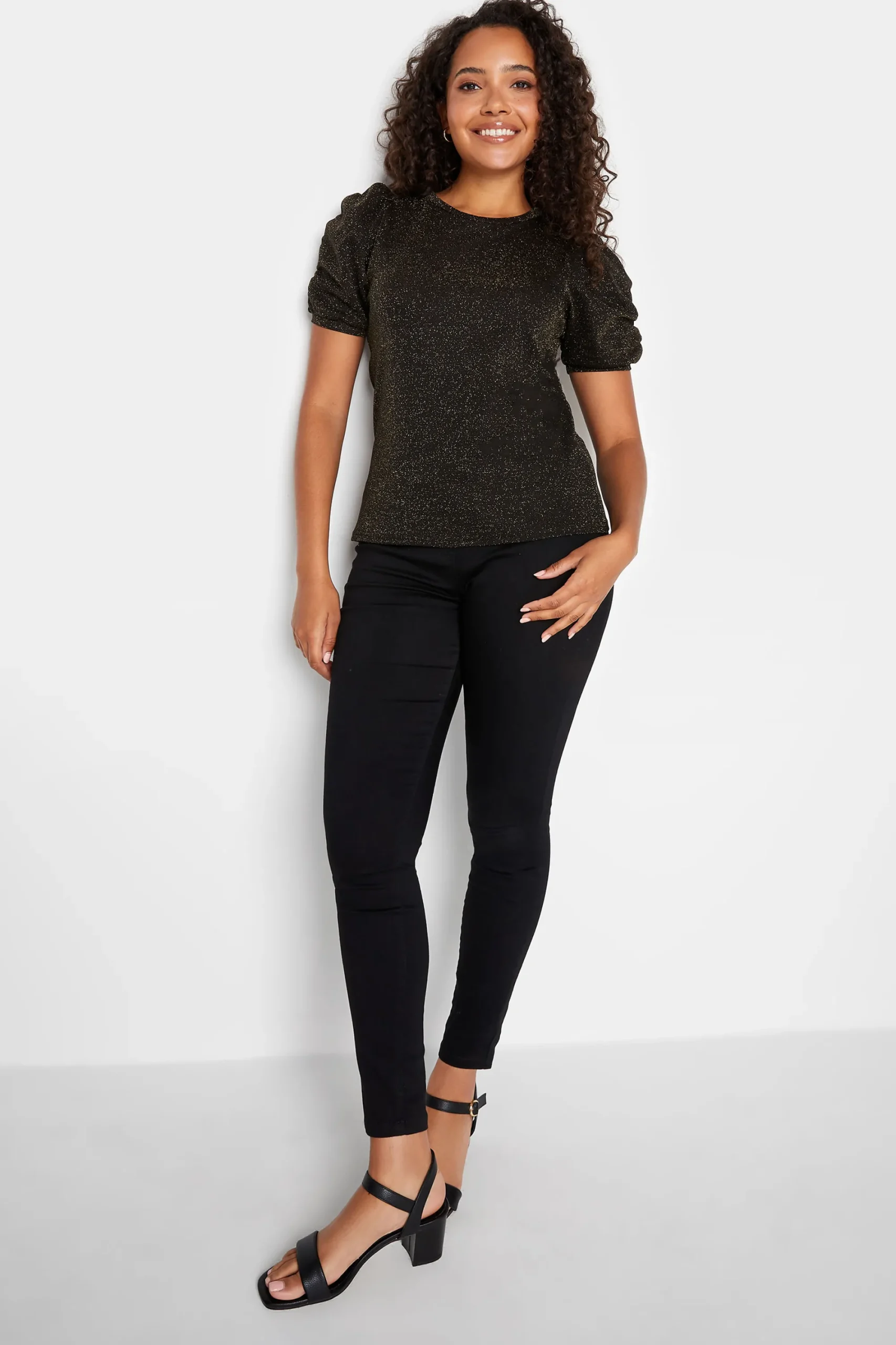 M&Co Womens Black & Gold Shimmer Ruched Sleeve Blouse>Women Blouses