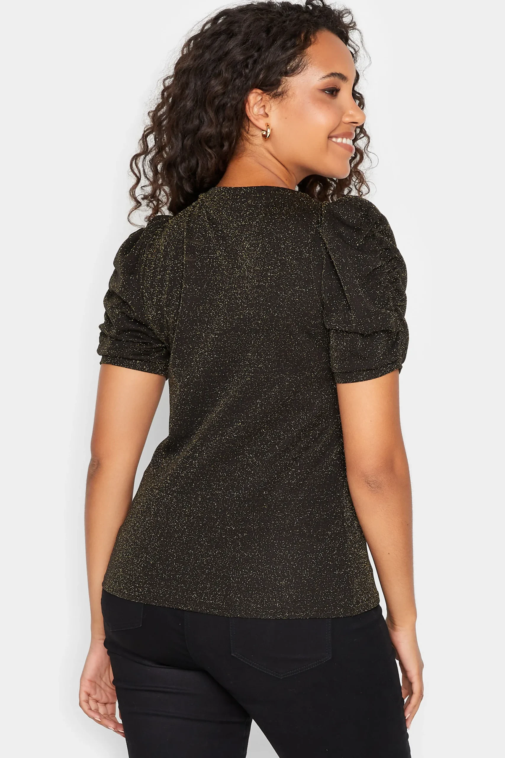 M&Co Womens Black & Gold Shimmer Ruched Sleeve Blouse>Women Blouses