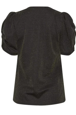 M&Co Womens Black & Gold Shimmer Ruched Sleeve Blouse><noscript><img width=