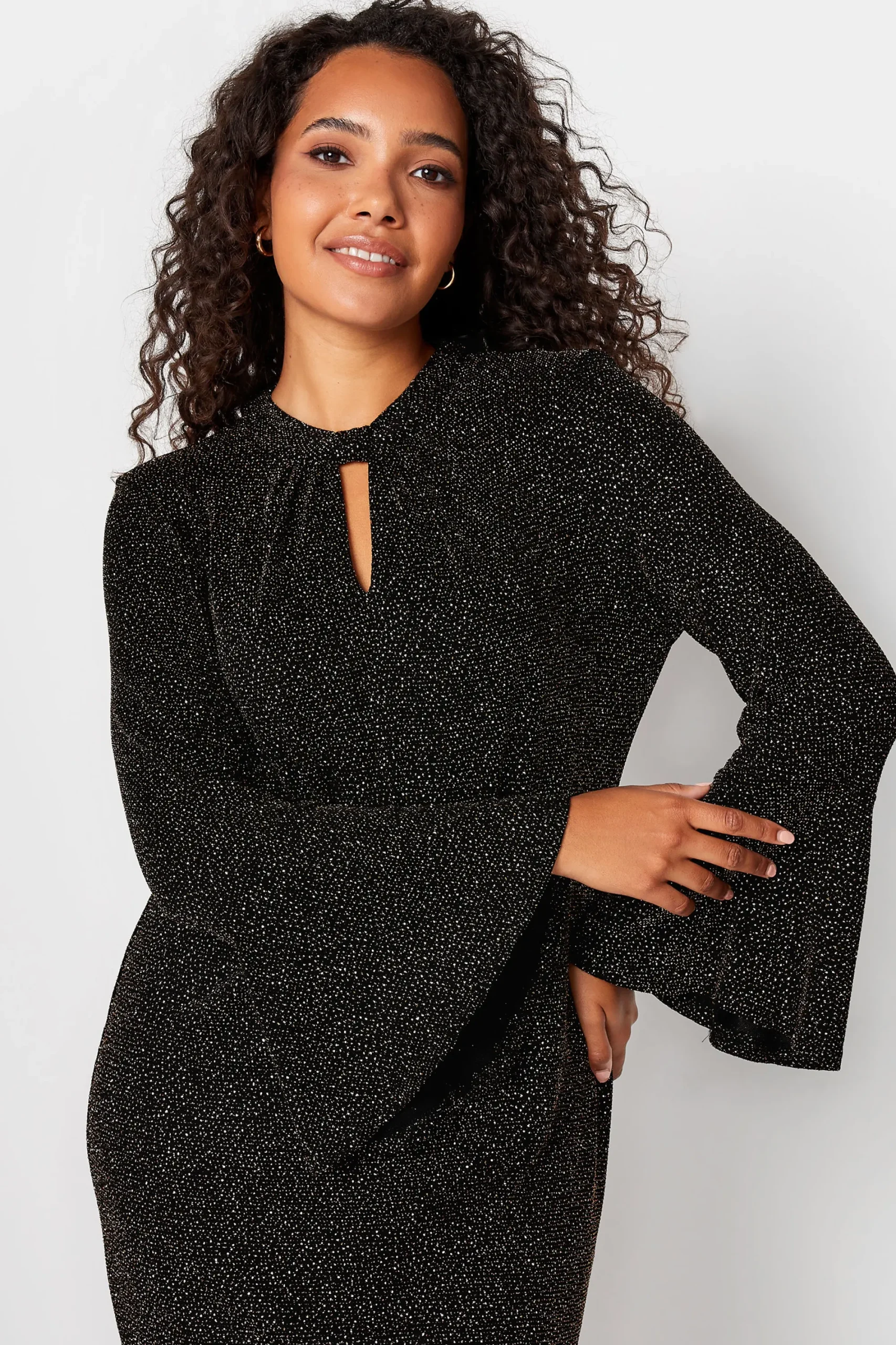 M&Co Womens Black & Gold Shimmer Bell Sleeve Dress>Women Midi Dresses