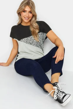 M&Co Womens Black & Grey Leopard Print Colour Block Top>Women T-Shirts