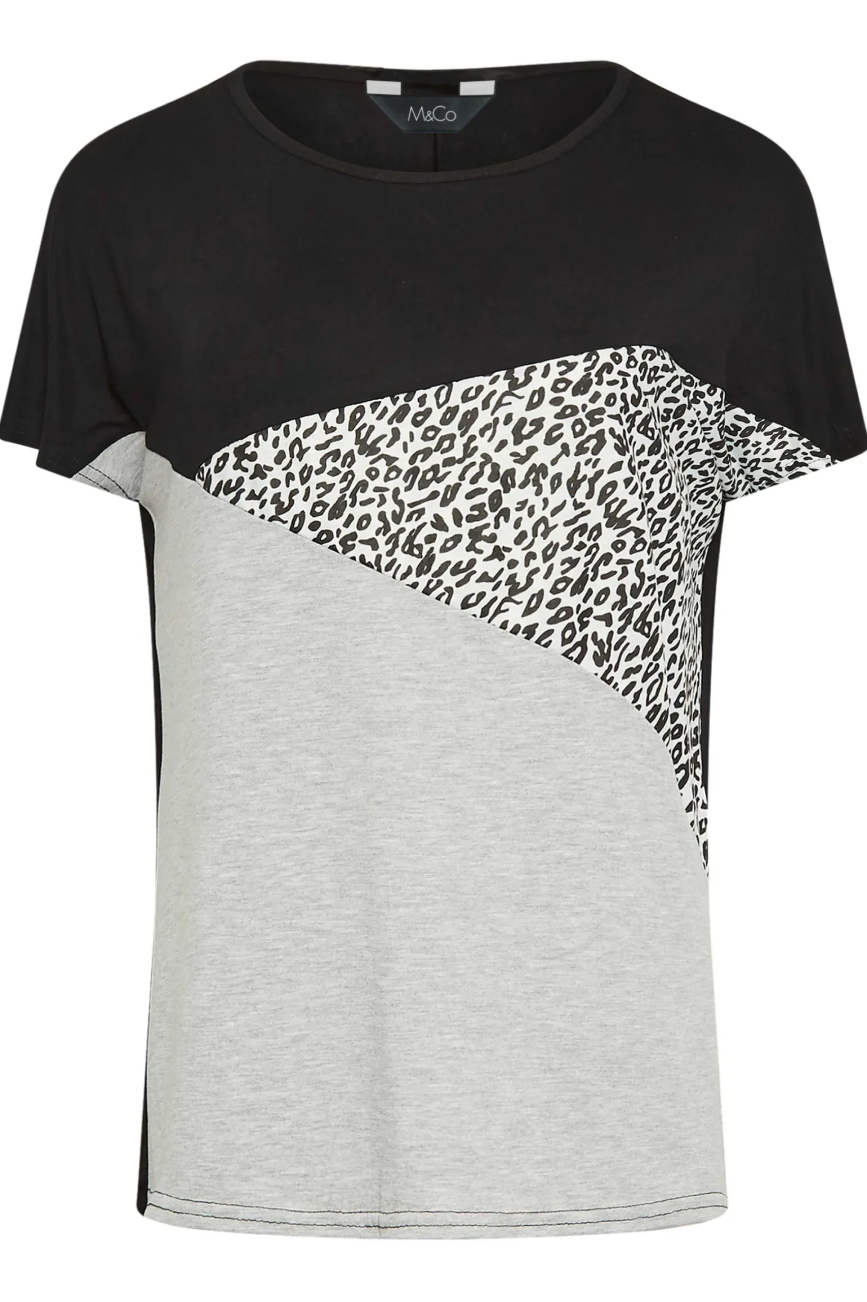 M&Co Womens Black & Grey Leopard Print Colour Block Top>Women T-Shirts