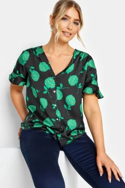 M&Co Womens Black & Green Floral Print Frill Sleeve Blouse>Women Shirts