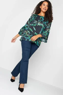 M&Co Womens Black & Green Floral Print Flute Sleeve Blouse>Women Blouses