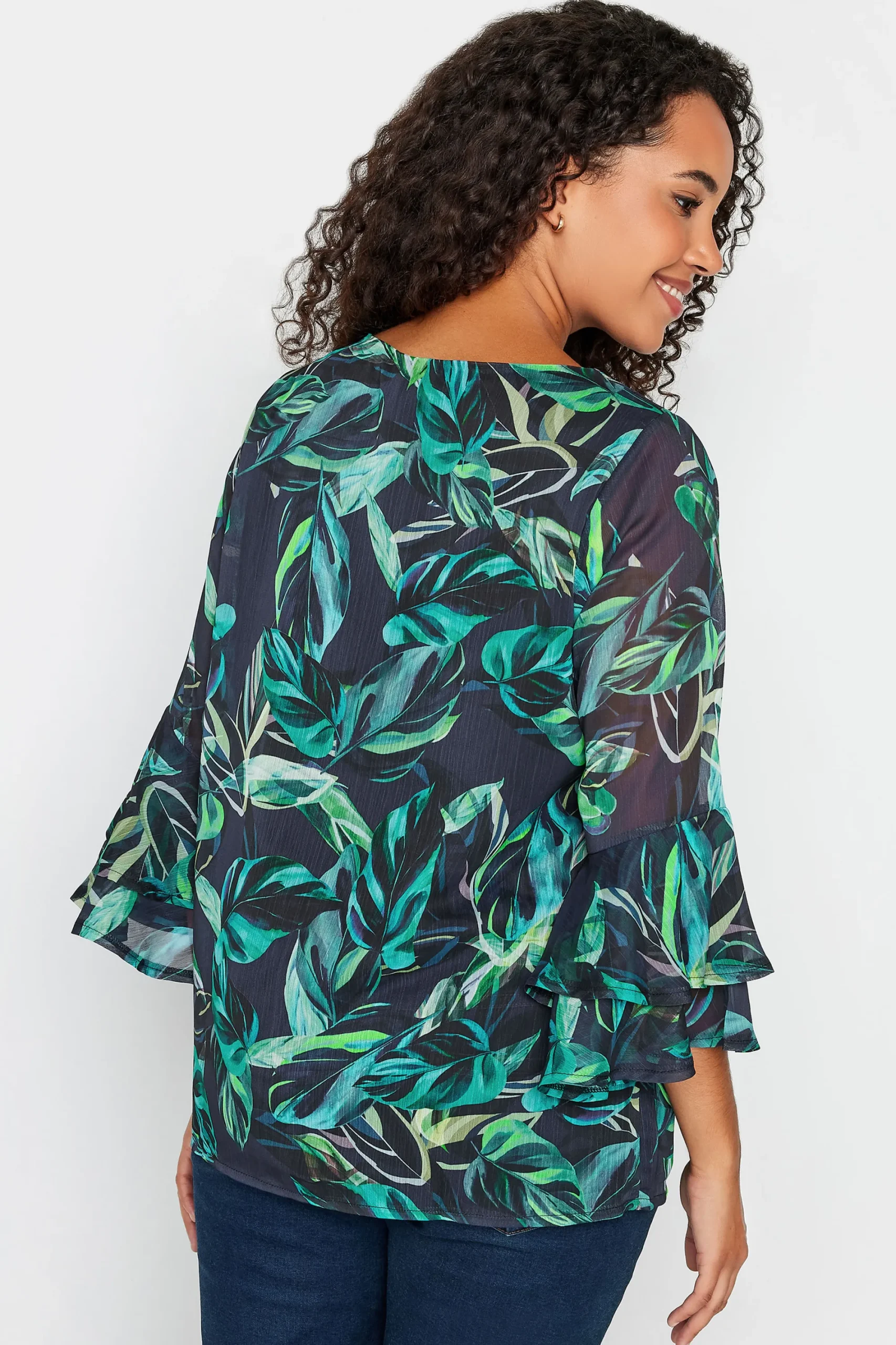 M&Co Womens Black & Green Floral Print Flute Sleeve Blouse>Women Blouses