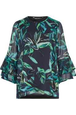 M&Co Womens Black & Green Floral Print Flute Sleeve Blouse><noscript><img width=