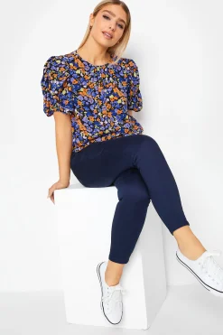 M&Co Womens Black & Orange Floral Print Puff Sleeve Blouse>Women Short Sleeve Tops