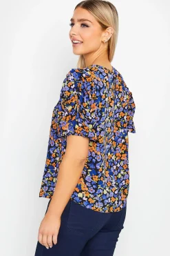 M&Co Womens Black & Orange Floral Print Puff Sleeve Blouse><noscript><img width=