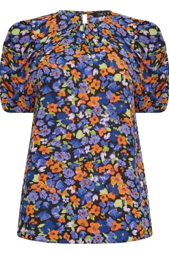 M&Co Womens Black & Orange Floral Print Puff Sleeve Blouse><noscript><img width=