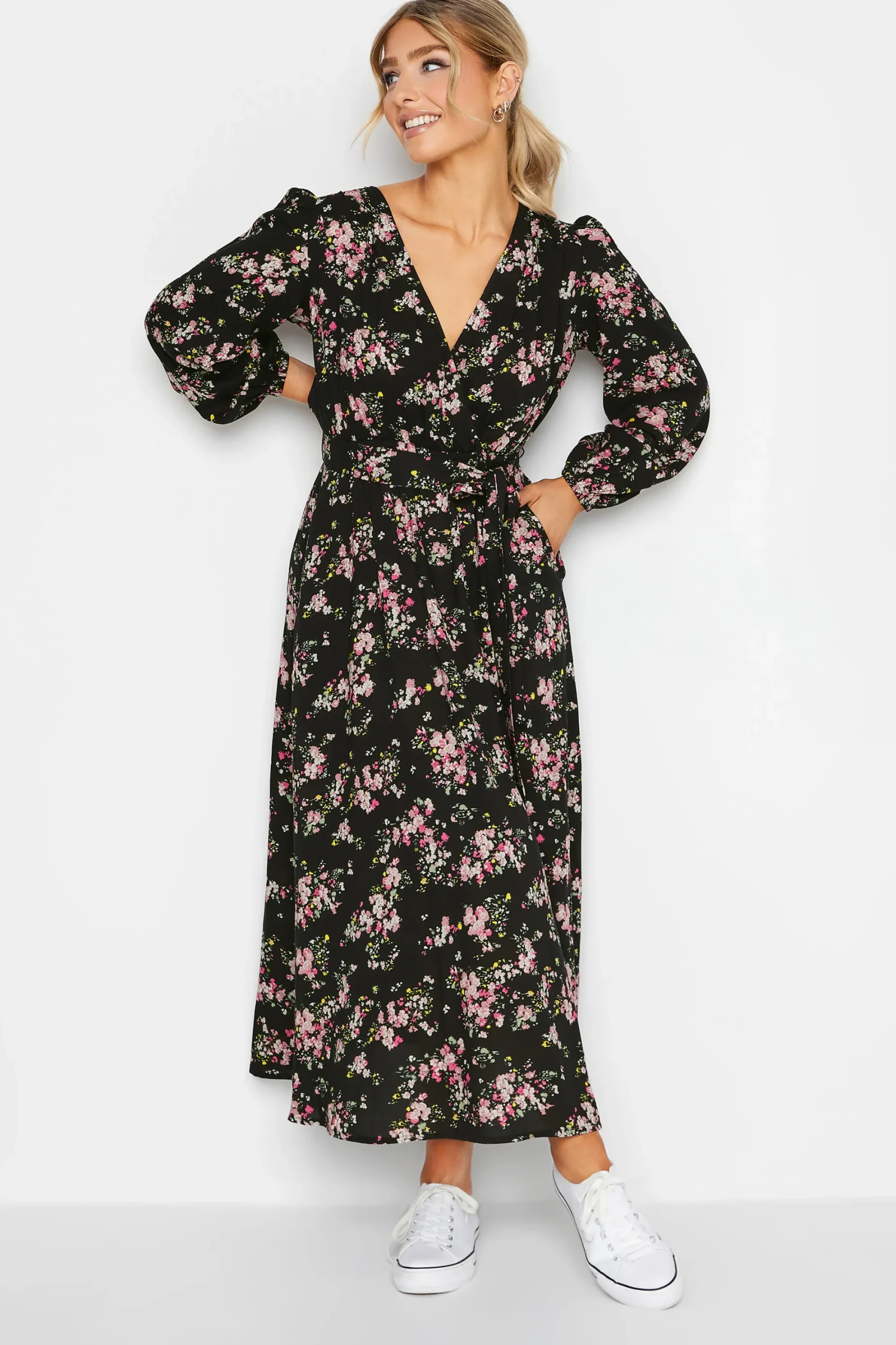 M&Co Womens Black & Pink Floral Print Wrap Front Dress>Women Wedding Guest Dresses