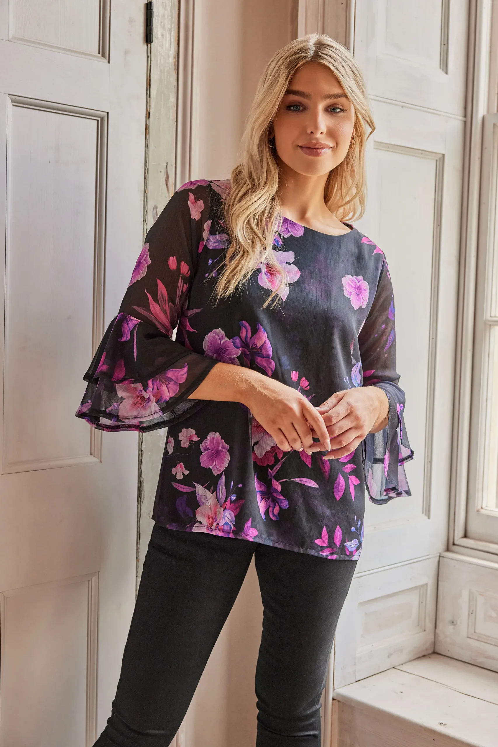 M&Co Womens Black & Pink Floral Print Flute Sleeve Blouse>Women Blouses