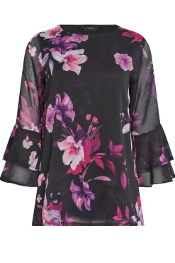 M&Co Womens Black & Pink Floral Print Flute Sleeve Blouse><noscript><img width=