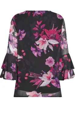 M&Co Womens Black & Pink Floral Print Flute Sleeve Blouse><noscript><img width=