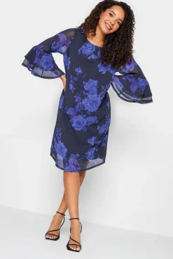 M&Co Womens Black & Purplefloral Print Flute Sleeve Shift Dress>Women Midi Dresses