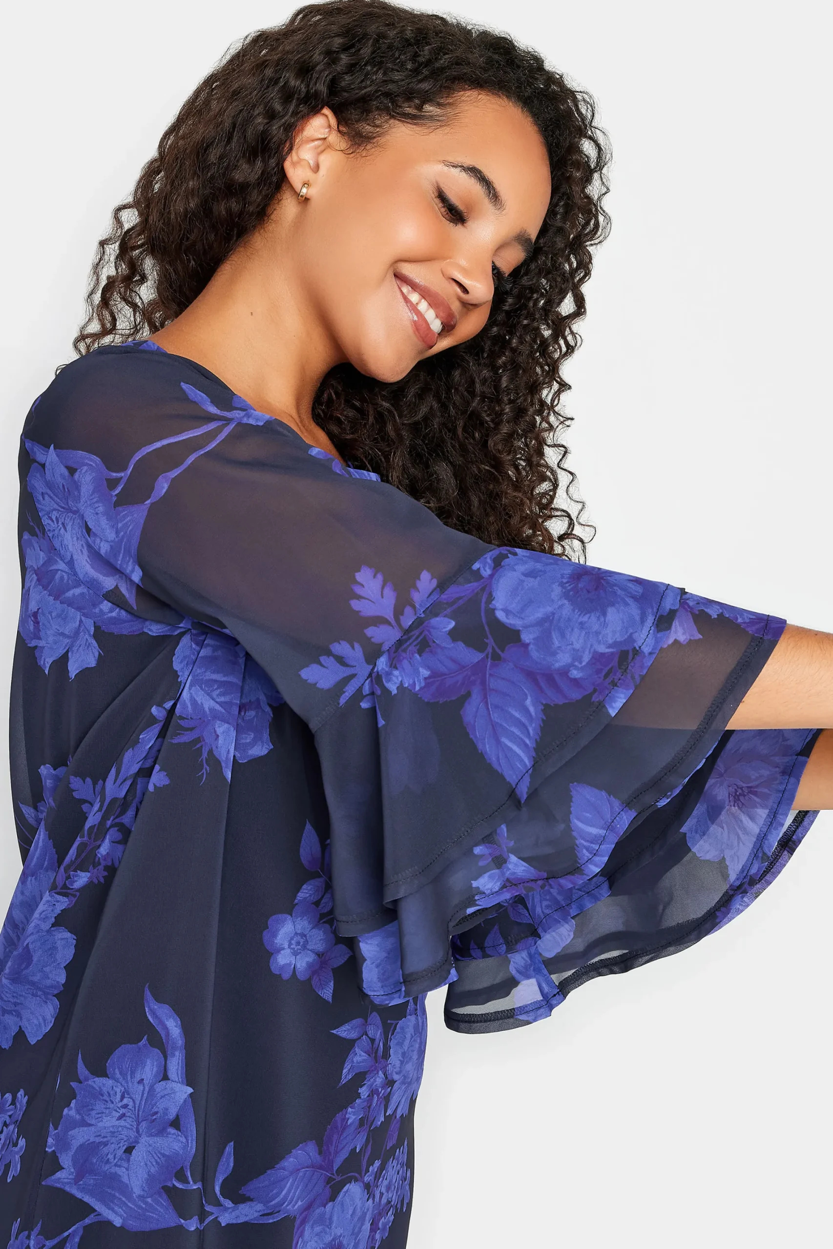 M&Co Womens Black & Purplefloral Print Flute Sleeve Shift Dress>Women Midi Dresses