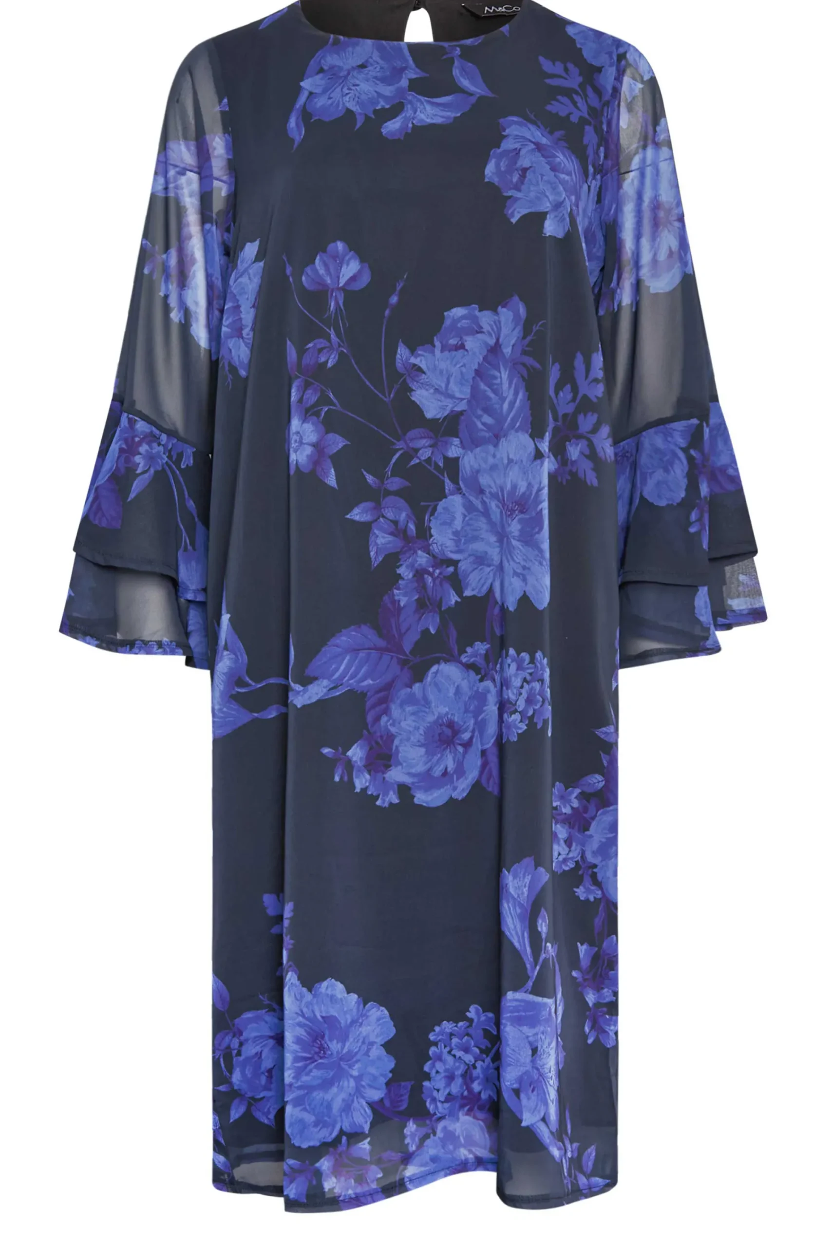 M&Co Womens Black & Purplefloral Print Flute Sleeve Shift Dress>Women Midi Dresses